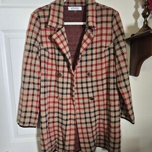 Kasper Tan, Red & Black Plaid Double-Breasted Pea Coat